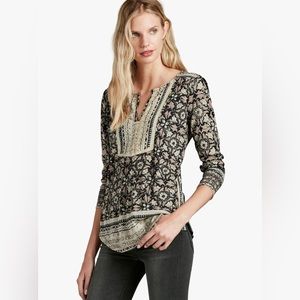Lucky Brand Brown Floral V-Neck Long Sleeve Top Womens Sz L Boho Granola Peasant